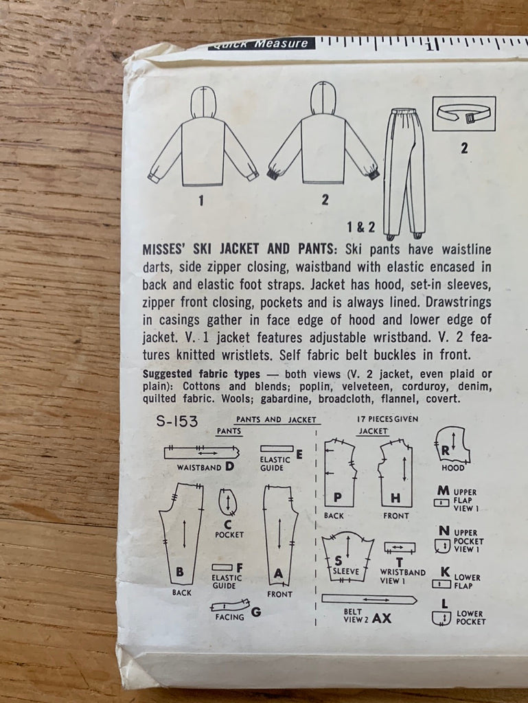 Simplicity Vintage Dress Patterns Simplicity - S153 Misses Ski Jacket and Pants - Vintage Sewing Pattern (Size 14 Bust 34)