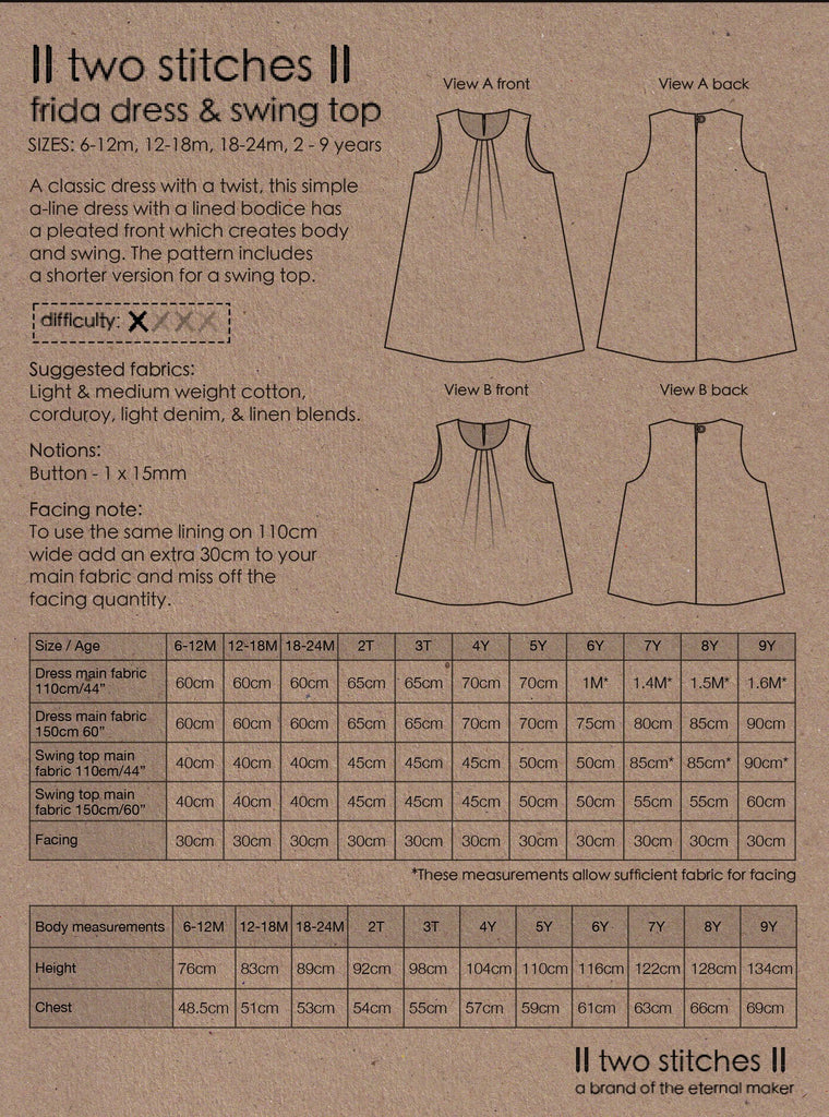 Two Stitches Patterns Dress Patterns Frida Dress & Swing Top - Two Stitches Patterns - Paper or PDF Digital Download Options
