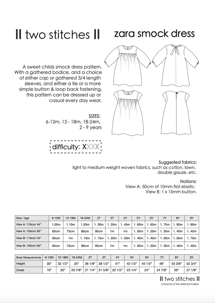 Two Stitches Patterns Dress Patterns Zara Smock Dress - Two Stitches Patterns - Paper or PDF Digital Download Options