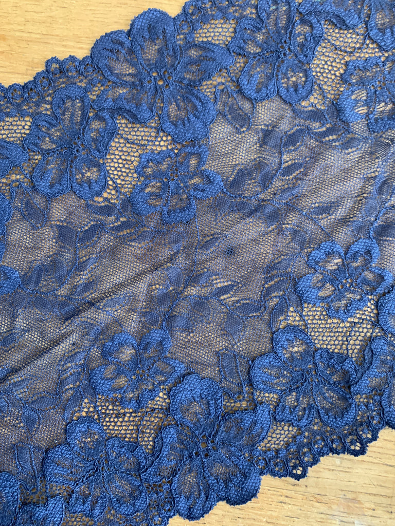 Unbranded Ribbon and Trims Floral Stretch Lace Trim - 22cm - Navy - by the HALF metre.