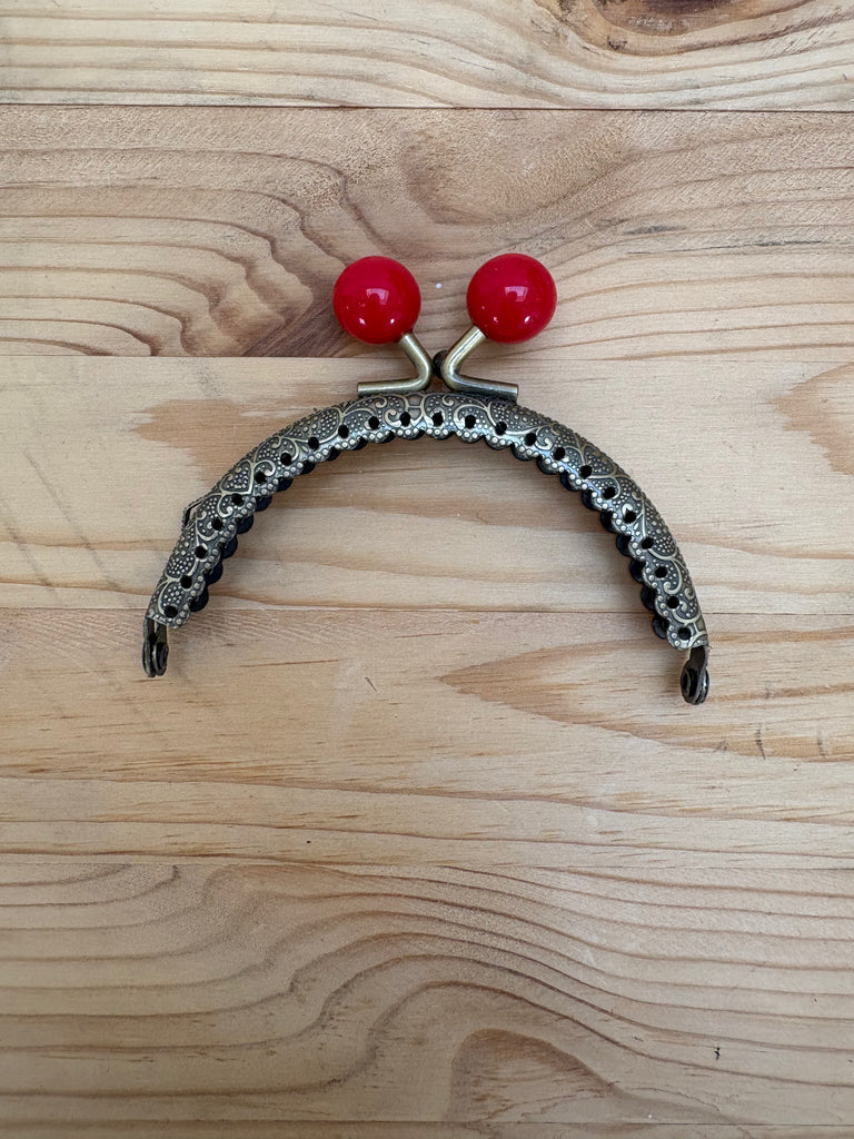 Bobble Top Purse Clasp - 8.5cm x 4cm - Antique Brass - Red