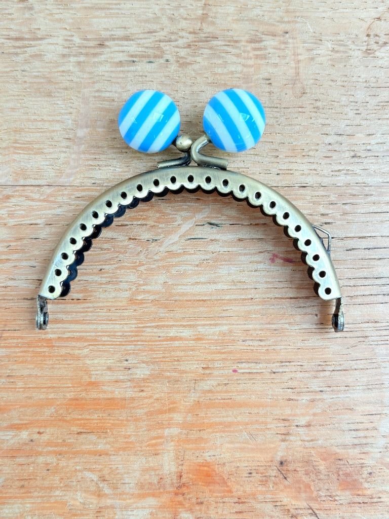 Bobble Top Purse Clasp - 8.5cm x 4cm - Sew in Antique Brass - Blue Stripe - The Eternal Maker - UK Fabric Shop