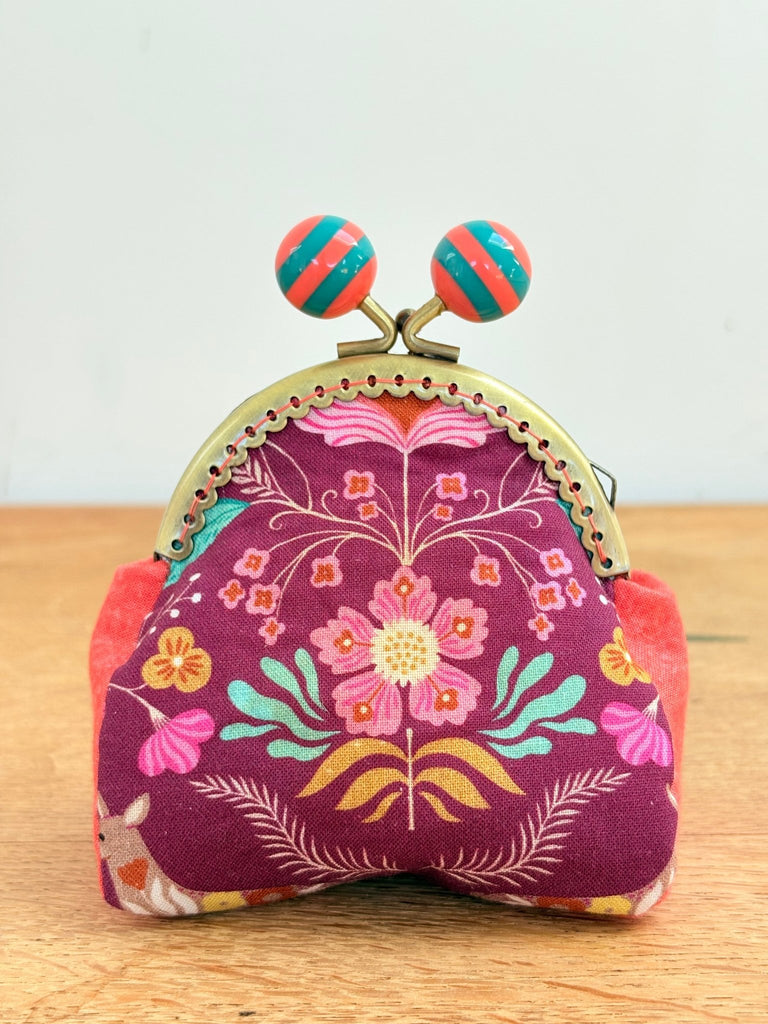 Bobble Top Purse sewing Kit - 8.5cm x 4cm - Wild Damask with Coral Teal Bobble - The Eternal Maker - UK Fabric Shop