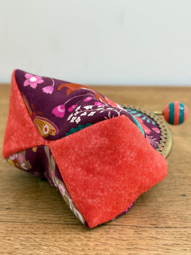 Bobble Top Purse sewing Kit - 8.5cm x 4cm - Wild Damask with Coral Teal Bobble - The Eternal Maker - UK Fabric Shop