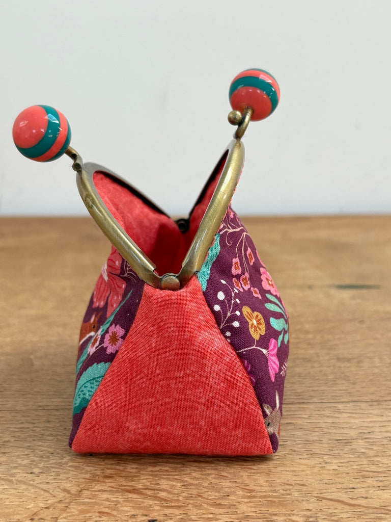 Bobble Top Purse sewing Kit - 8.5cm x 4cm - Wild Damask with Coral Teal Bobble - The Eternal Maker - UK Fabric Shop