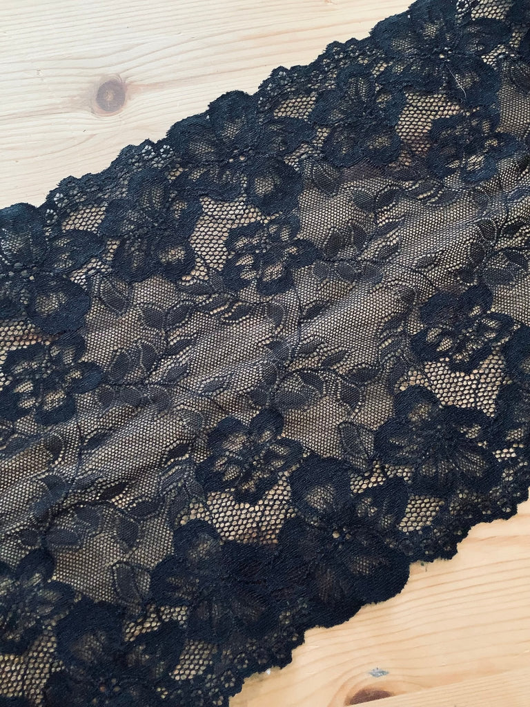 Floral Stretch Lace Trim - 22cm - Black - by the HALF metre. - The Eternal Maker - UK Fabric Shop