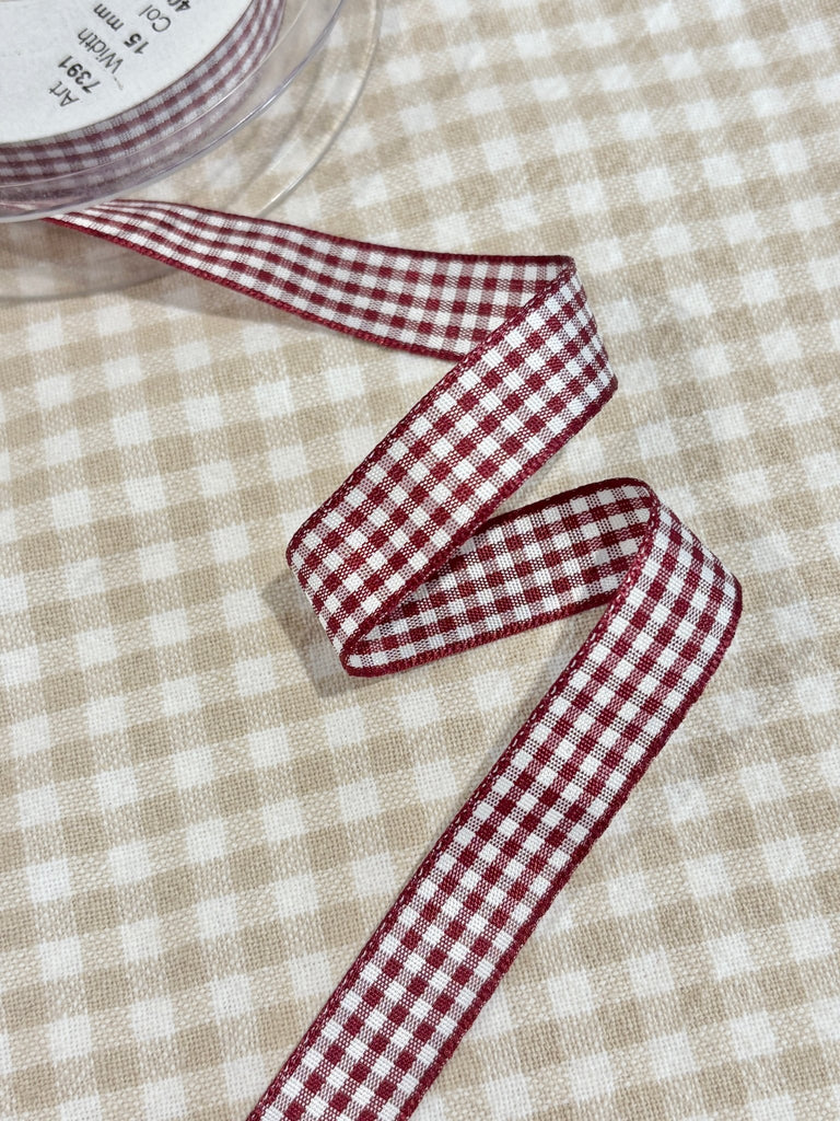 Gingham Ribbon Colour: Burgundy / Size: 15mm - The Eternal Maker - UK Fabric Shop