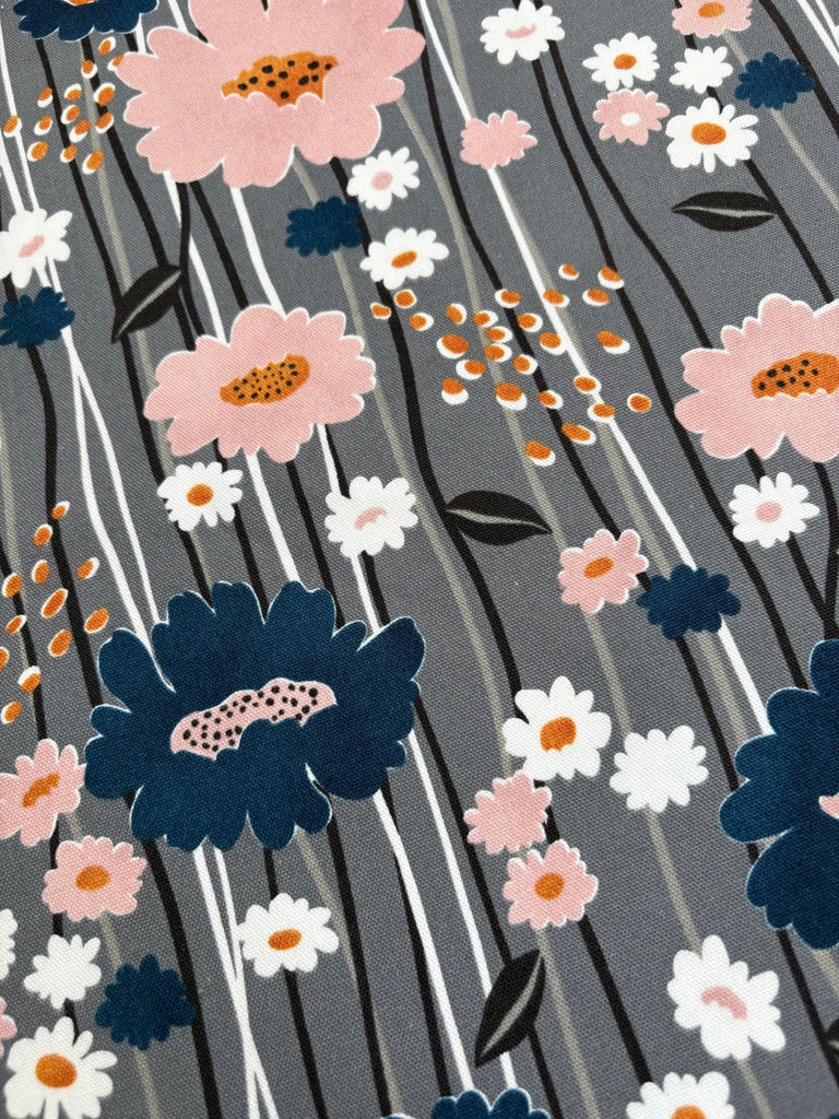Grey Flower Stripe - Oxford Cloth - Kokka Japan - The Eternal Maker - UK Fabric Shop