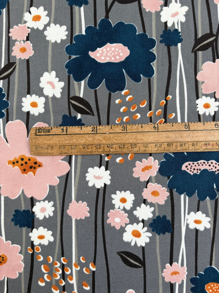 Grey Flower Stripe - Oxford Cloth - Kokka Japan - The Eternal Maker - UK Fabric Shop