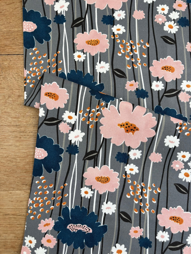 Grey Flower Stripe - Oxford Cloth - Kokka Japan - The Eternal Maker - UK Fabric Shop