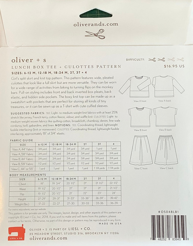 Lunch Box Tee and Culottes Pattern - Oliver + S - 6 months to 4 years - The Eternal Maker - UK Fabric Shop Childrens Sewing Pattern