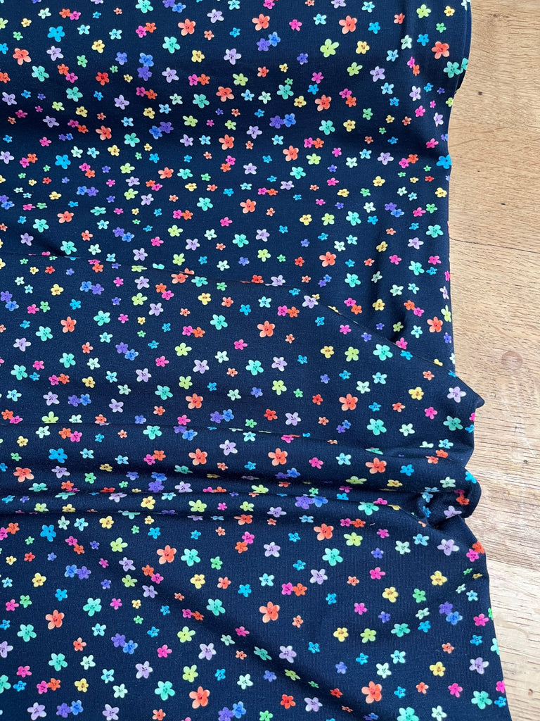 Rainbow Flowers on Navy - Jersey - The Eternal Maker - UK Fabric Shop