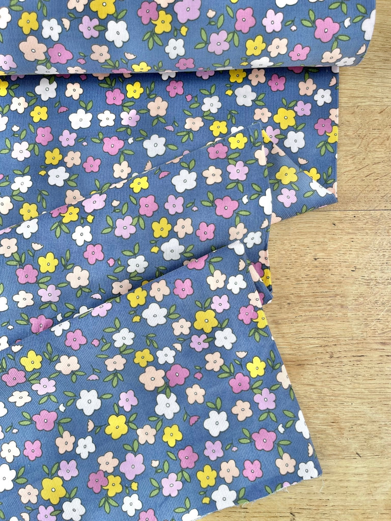 Remnant 50cm x 145cm - Small Flowers on Blue Needlecord - The Eternal Maker - UK Fabric Shop