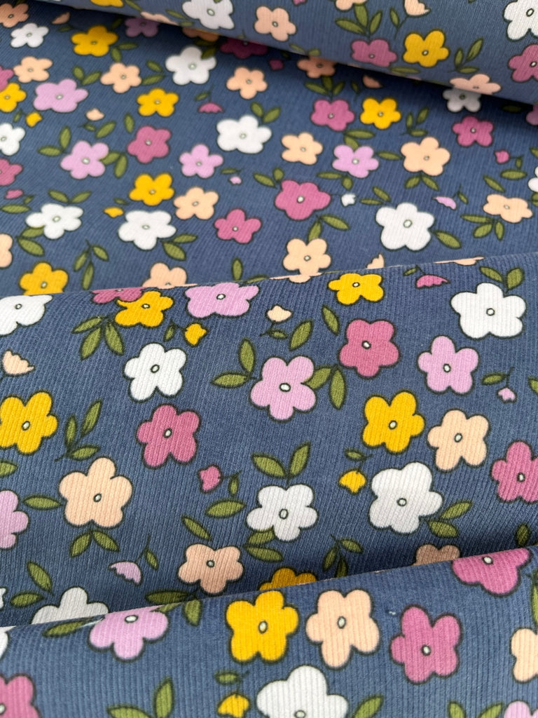 Remnant 50cm x 145cm - Small Flowers on Blue Needlecord - The Eternal Maker - UK Fabric Shop