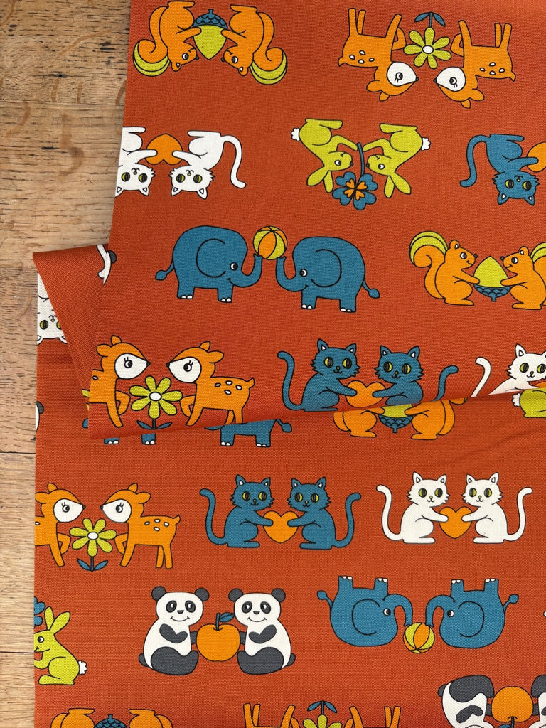 Retro Animal Friends in Rust - Oxford Cloth - Kokka Japan - The Eternal Maker - UK Fabric Shop