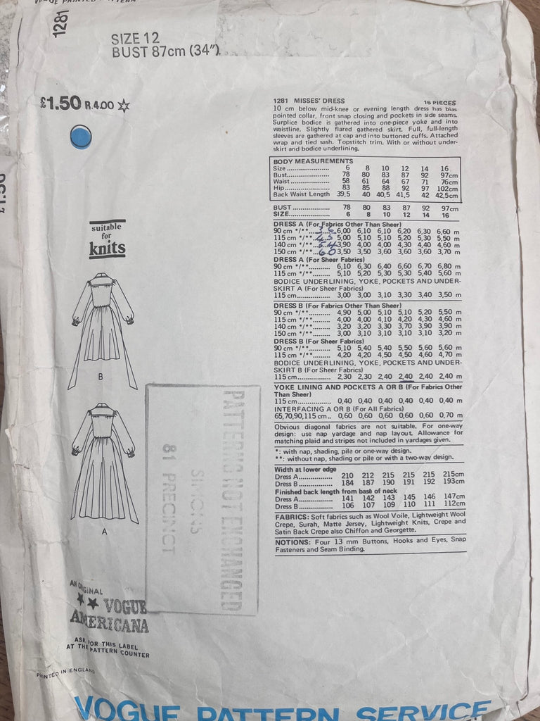 Vogue American Designer 1281 - Oscar De La Renta Dresses - Vintage Sewing Pattern Size 12 Bust 34 - The Eternal Maker - UK Fabric Shop