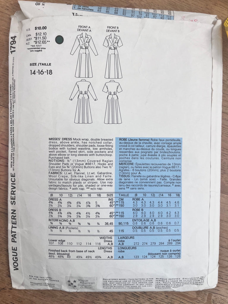 Vogue American Designer 1794 - Ralph Lauren Dresses - Vintage Sewing Pattern Size 14 - 16 - 18 - The Eternal Maker - UK Fabric Shop