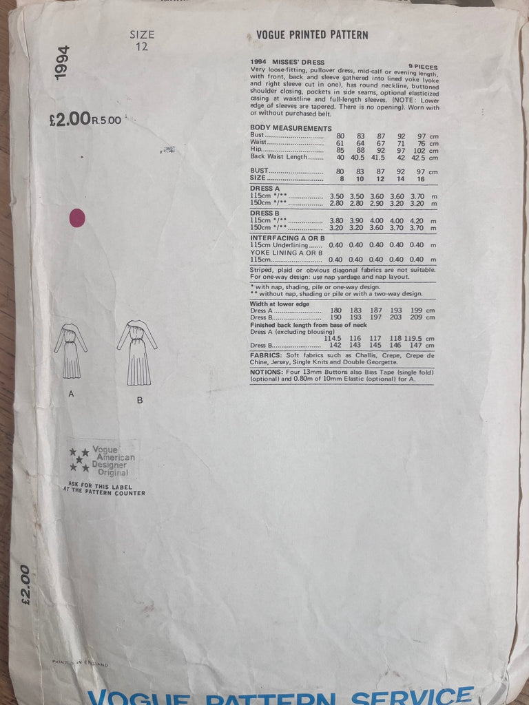Vogue American Designer 1994 - Scott Barrie Dresses - Vintage Sewing Pattern Size 12 - The Eternal Maker - UK Fabric Shop