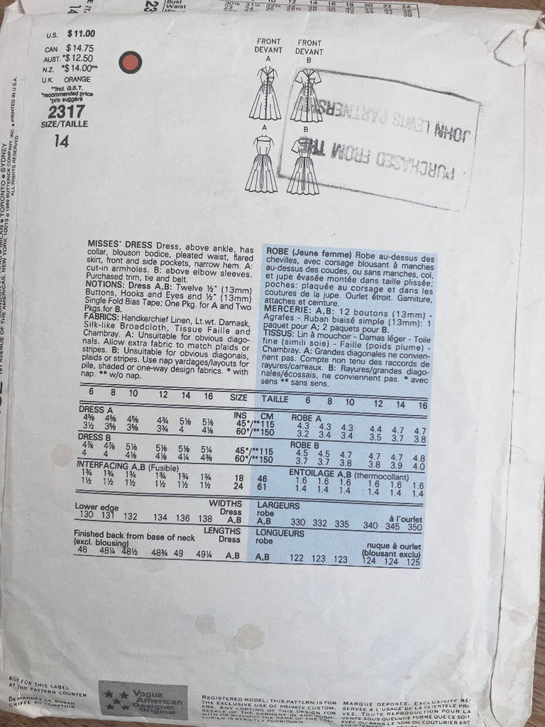 Vogue American Designer 2317 - Ralph Lauren Dresses - Vintage Sewing Pattern Size 14 - The Eternal Maker - UK Fabric Shop