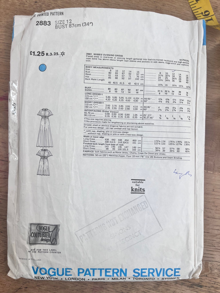 Vogue Couturier Design 2883 - Jean Muir Dress - Vintage Sewing Pattern Size 12 Bust 34 - The Eternal Maker - UK Fabric Shop