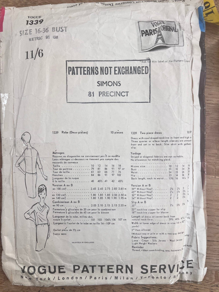 Vogue Paris Original 1339 - Guy Laroche Two Piece Dress - Vintage Sewing Pattern Size 16 (36 Bust) - The Eternal Maker - UK Fabric Shop