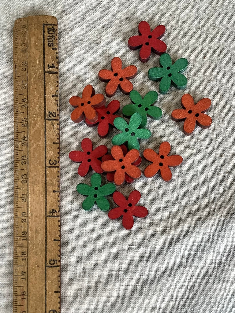 Wooden Flower Shape Button - 20mm - Green, Red, Orange - The Eternal Maker - UK Fabric Shop