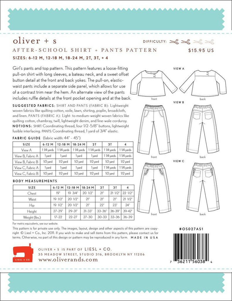 After School Shirt + Pants Sewing Pattern - Oliver + S - The Eternal Maker - UK Fabric Shop