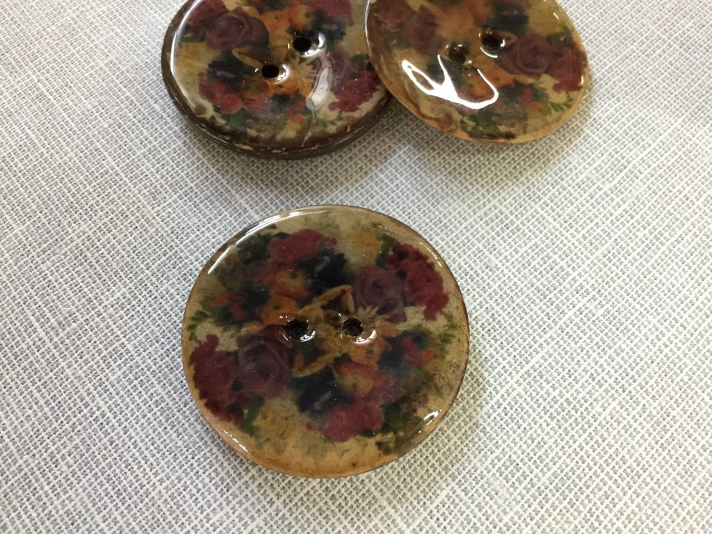 Antique Rose Floral Lacquered Coconut Button - 40mm - The Eternal Maker - UK Fabric Shop