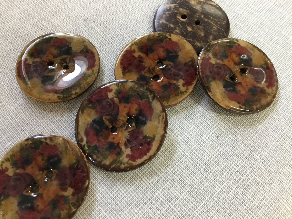Antique Rose Floral Lacquered Coconut Button - 40mm - The Eternal Maker - UK Fabric Shop
