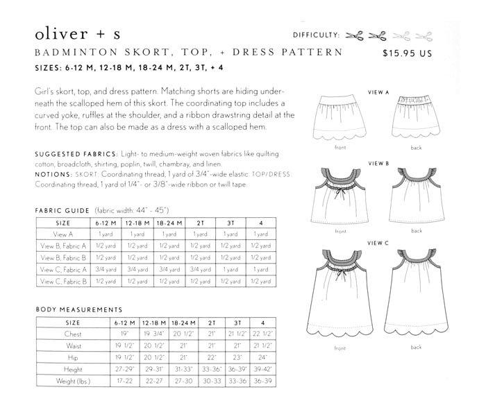 Badminton Skort, Top + Dress Sewing Pattern - Oliver + S - The Eternal Maker - UK Fabric Shop