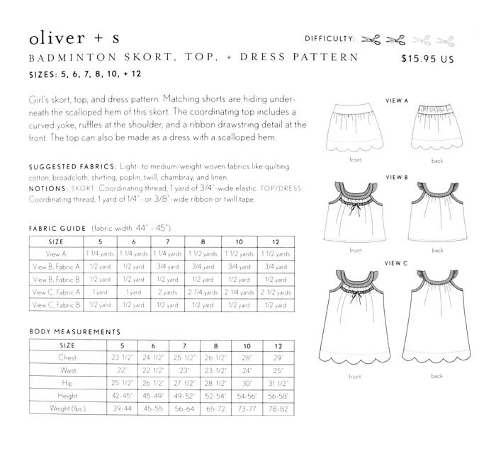 Badminton Skort, Top + Dress Sewing Pattern - Oliver + S - The Eternal Maker - UK Fabric Shop