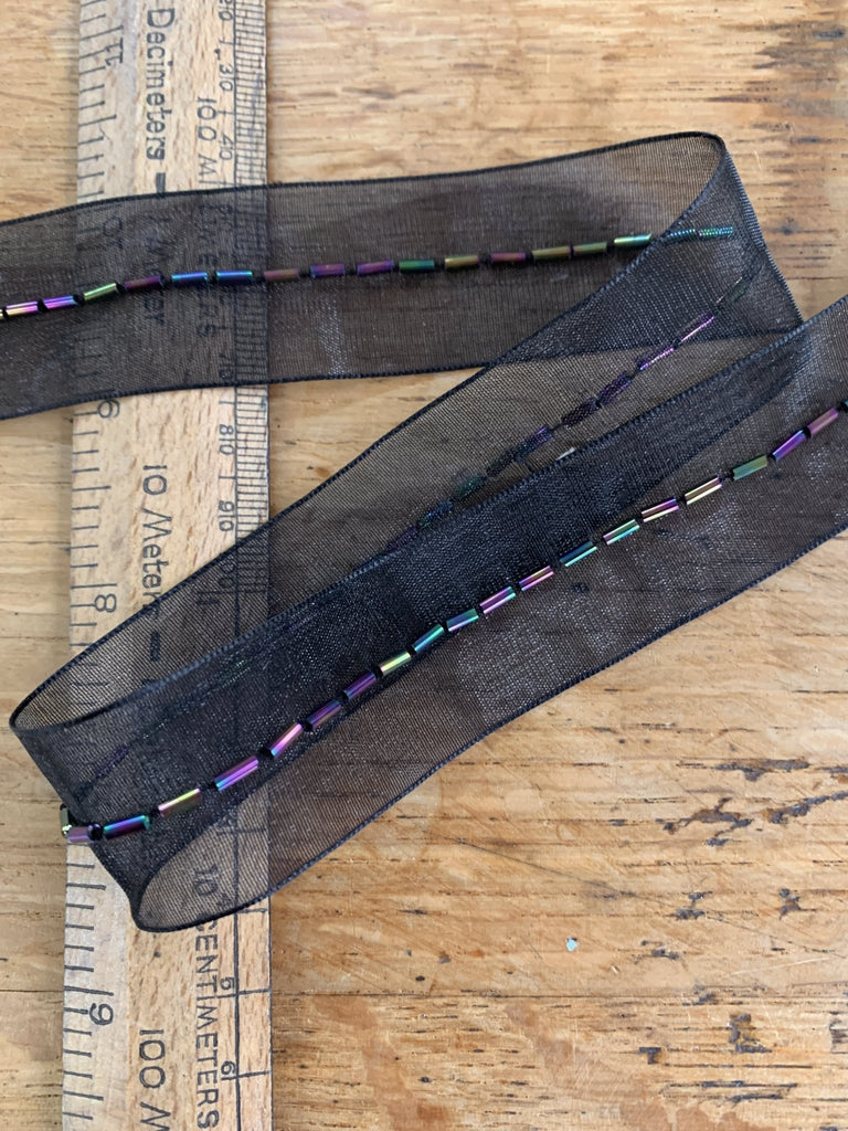 Beaded Trim - 28mm - Black Organza Rainbow Bugle - by the metre - The Eternal Maker - UK Fabric Shop