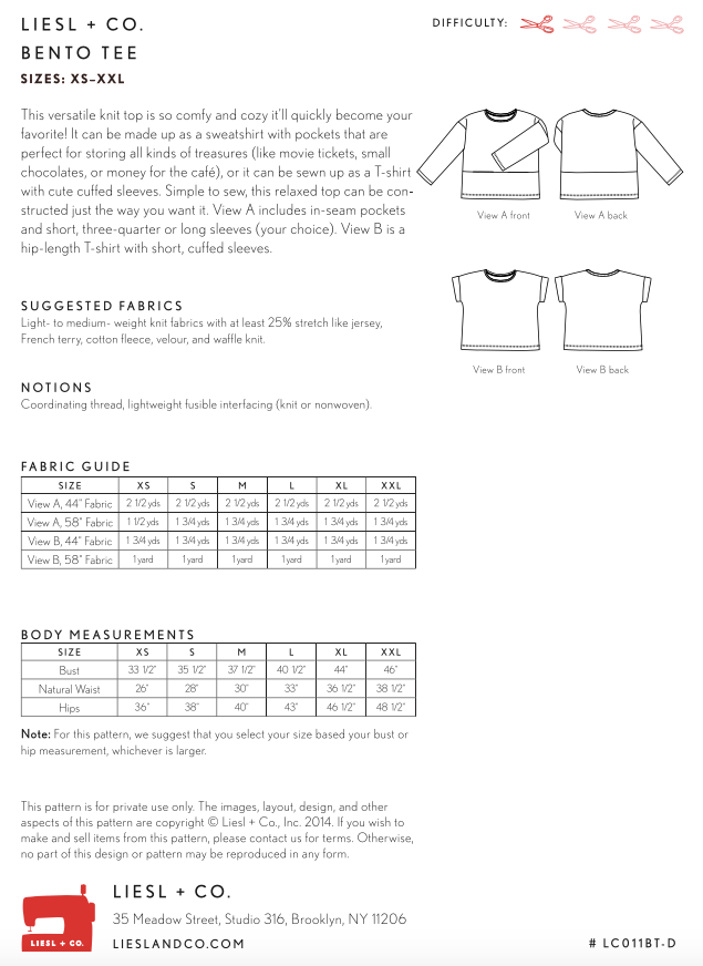 Bento Tee - Liesl + Co Patterns - PDF Version - The Eternal Maker - UK Fabric Shop