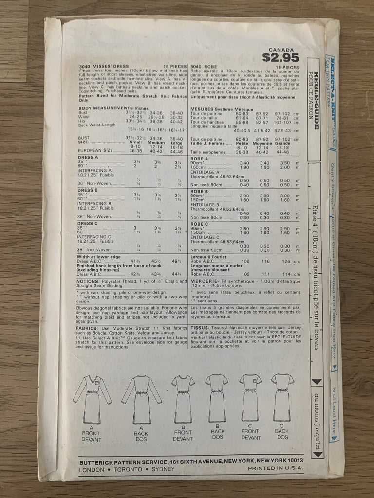 Butterick - 3040 Misses' Dress - Vintage Sewing Pattern (Size Small) - The Eternal Maker - UK Fabric Shop