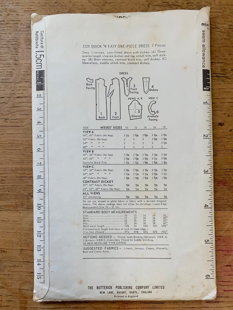 Butterick - 3328 Quick 'n Easy one Piece Dress - Vintage Sewing Pattern (Size 14 Bust 34)) - The Eternal Maker - UK Fabric Shop