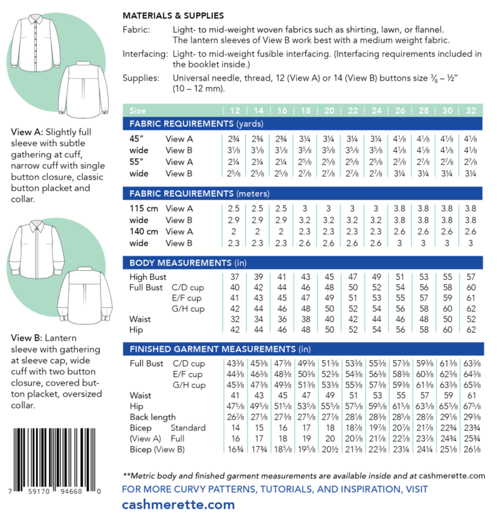 Cashmerette Dress Patterns Vernon Shirt - Cashmerette Sewing Pattern