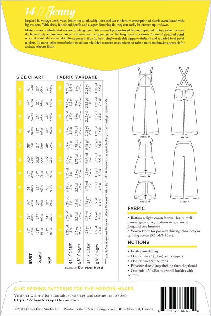 Closet Core Patterns Dress Patterns Jenny - Overall & Trousers Pattern - Closet Core Patterns