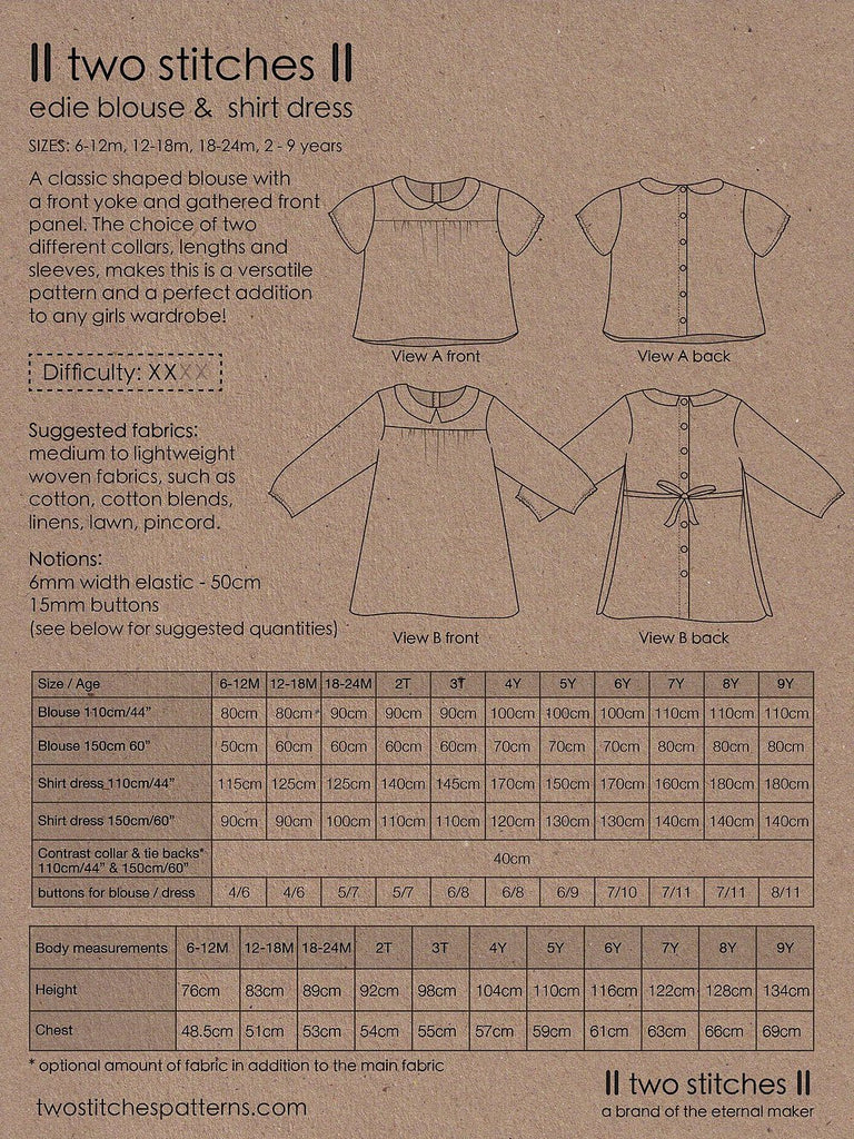 Edie Blouse and Shirt Dress - Two Stitches Patterns - Paper or Digital Options - The Eternal Maker - UK Fabric Shop