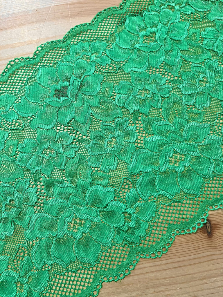 Floral Stretch Lace Trim - 23cm - Green - by the HALF metre. - The Eternal Maker - UK Fabric Shop