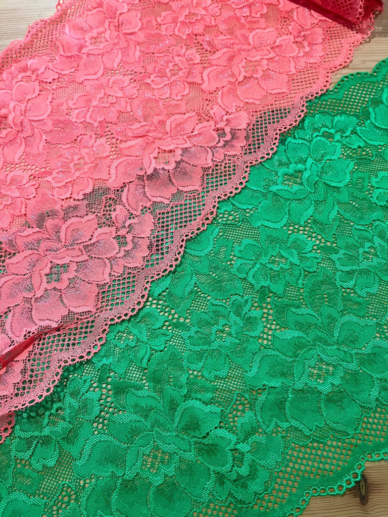 Floral Stretch Lace Trim - 23cm - Green - by the HALF metre. - The Eternal Maker - UK Fabric Shop