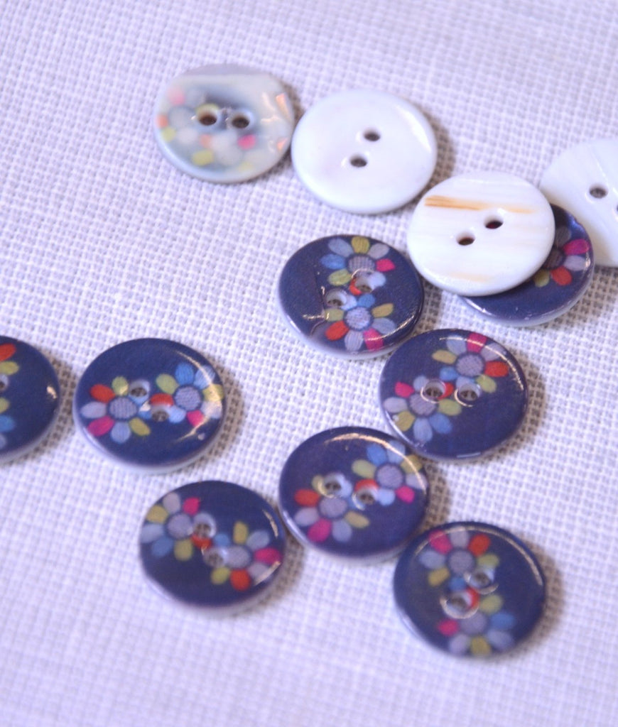 Flower Motif Printed River Shell Button - 15mm - Blue - The Eternal Maker - UK Fabric Shop