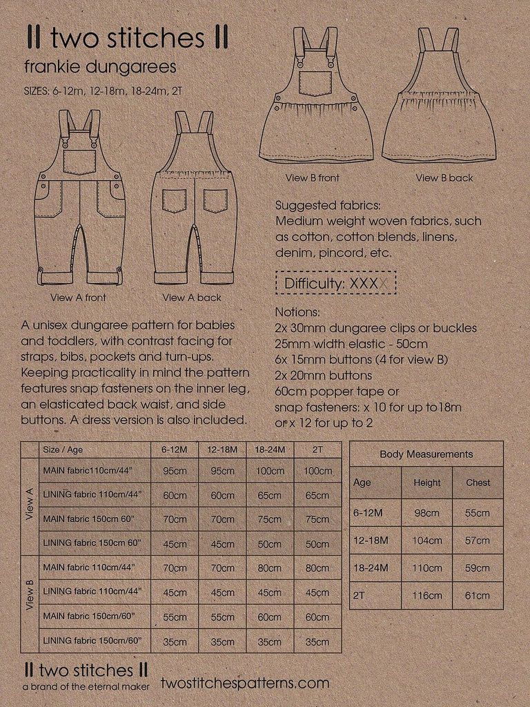 Frankie Dungarees - Two Stitches Patterns - Paper or Digital Options - The Eternal Maker - UK Fabric Shop