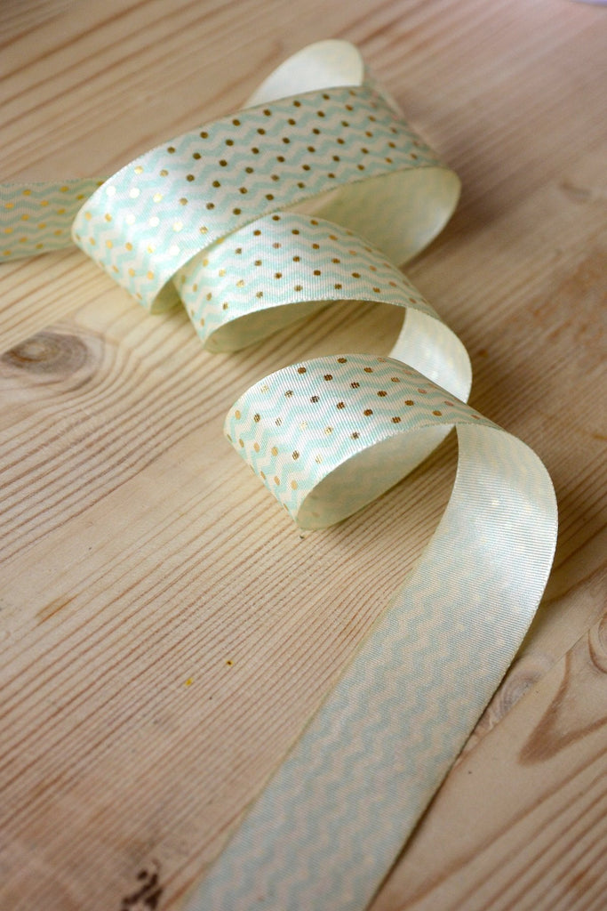 Gold Spot Chevron Ribbon - 25mm - Mint - The Eternal Maker - UK Fabric Shop