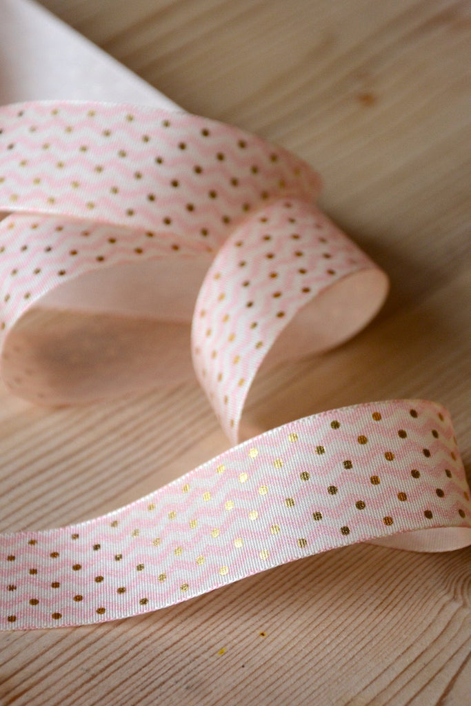 Gold Spot Chevron Ribbon - 25mm - Pink - The Eternal Maker - UK Fabric Shop