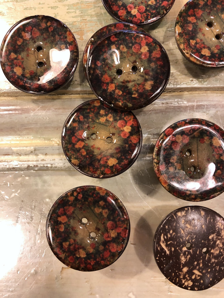 Green Floral Lacquered Coconut Button - 40mm - The Eternal Maker - UK Fabric Shop