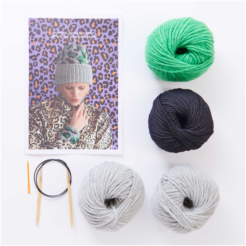 Grey Leopard Print Hat and Wrist Warmer Knitting Kit - Rico Design - The Eternal Maker - UK Fabric Shop