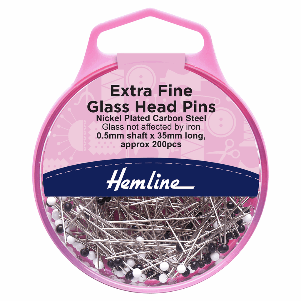 Hemline Needles and Pins Extra Fine Glass Head Pins 0.5mm x 35mm approx 200pcs