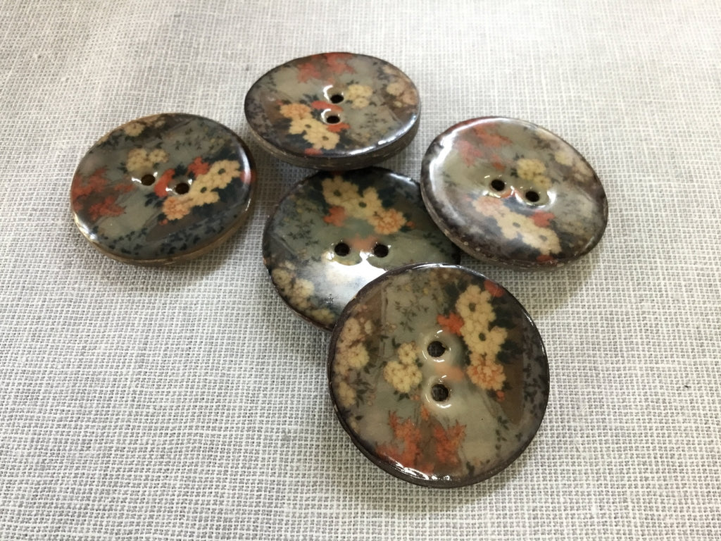 Japanese Floral Lacquered Coconut Button - 40mm - The Eternal Maker - UK Fabric Shop