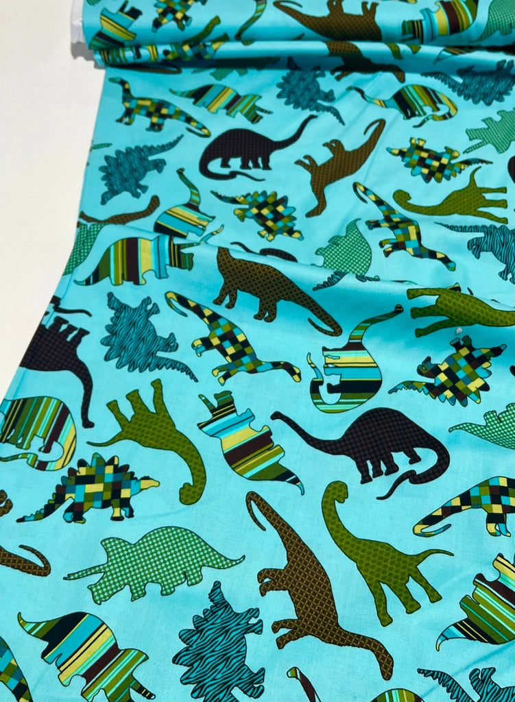 Kanvas Studio Fabric Dinosaur Patterns on Teal - Bedrock - Kanvas Studio