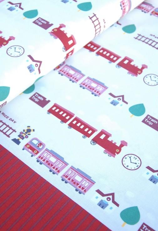 Kiyohara Fabric Happy Go Lucky Red Trains - Puti de Pome - Kiyohara
